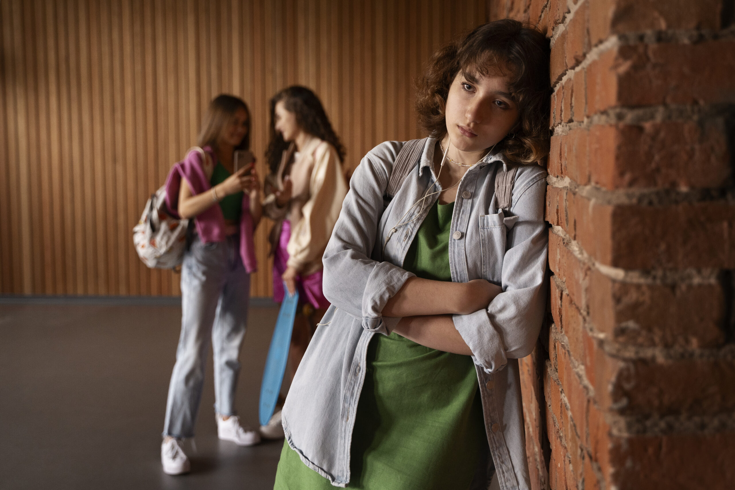 Dans l'image nous pouvons apercevoir deux jeunes filles en arrière-plan se moquant et délaissant la jeune fille qui se tient contre le mur devant elle, nous pouvons observer de la tristesse sur son visage